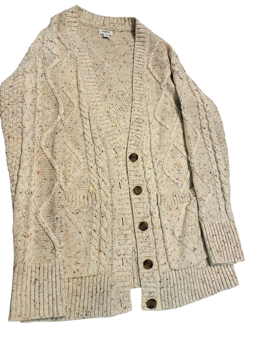 J. Crew Men's Speckled Cream Cable Knit Button-Up Cardigan